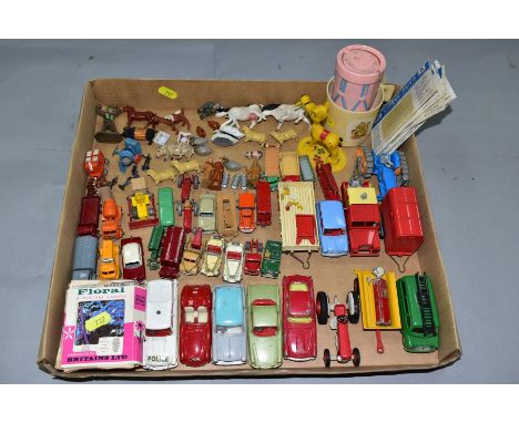 A QUANTITY OF UNBOXED AND ASSORTED PLAYWORN DIECAST VEHICLES, to include Spot-On Austin A40 Farina, No. 154, Corgi Toys Fords