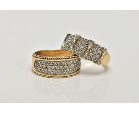 TWO 9CT GOLD RINGS, the first pave set with single cut diamonds to the front half of the ring, ring size L ½, the second a ta