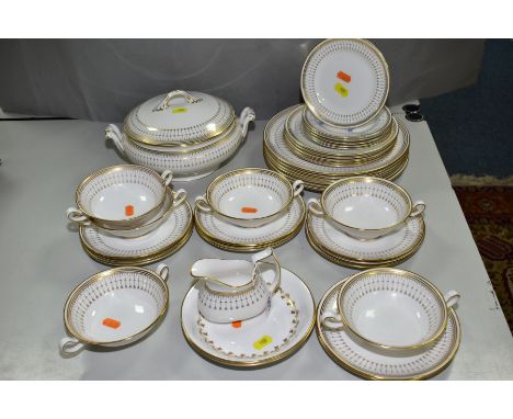 THIRTY SIX PIECES OF SPODE QUEEN'S GATE DINNERWARES, comprising six twin handled soup bowls and eleven saucers, tureen and co