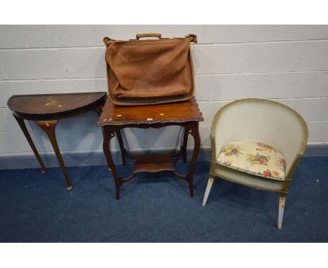 AN EDWARDIAN MAHOGANY CENTRE TABLE with an undershelf, a brown leather suit bag, walnut demi lune hall table and a wicker com