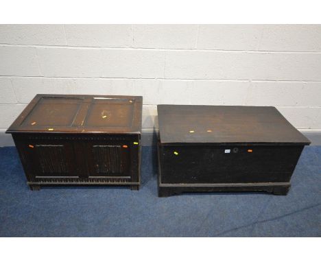 A GEORIGAN STAINED OAK BLANKET CHEST, width 94cm x depth 53cm x height 47cm (condition - replacement back legs and missing ba