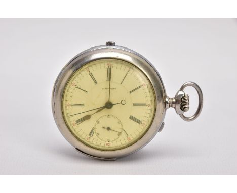 A SILVER-PLATED QUARTER REPEATER, OPEN FACE POCKET WATCH, round white dial signed 'F. Monnier', Roman numerals, with an outer