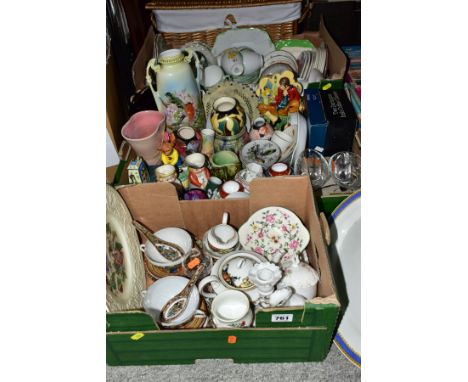 THREE BOXES OF CERAMICS AND GLASSWARES, to include Wedgwood Patrician 'Tapestry' TMD 440 dinner plate, vintage Dartington Avo