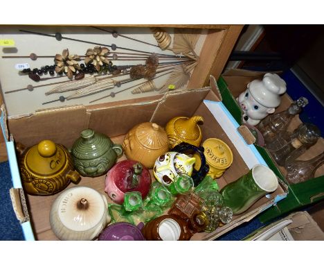 TWO BOXES AND LOOSE CERAMIC AND GLASSWARE, to include a group of novelty face pots by various makers including Heanor ceramic