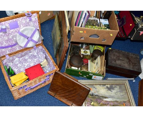 THREE BOXES, A BASKET AND LOOSE SUNDRY ITEMS, PICTURES etc, to include a C Fowle table top book rest, various cutting dies, s