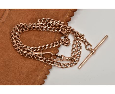 A 9CT GOLD ALBERT CHAIN, curb link chain fitted with two lobster claw clasps, each link stamped 9.375, also fitted with a T-b