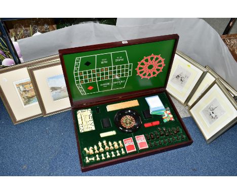 FIVE PICTURES AND LARGE GAMES COMPENDIUM comprising compendium wooden case, measuring 73.5cm x 45.5cm x 10cm, games include c