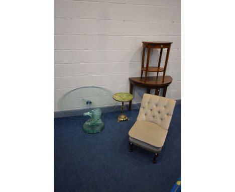 A HARDWOOD DEMI LUNE TABLE, fold over top, a cherrywood oval lamp table, an oval glass coffee table (top detached from base) 