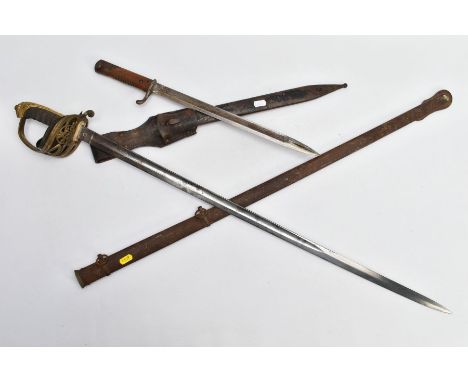 A WW1 ERA BELIEVED IMPERIAL GERMAN ERSATZ RIFLE BAYONET, with metal scabbard and leather frog, the bayonet is numbered 4082 a