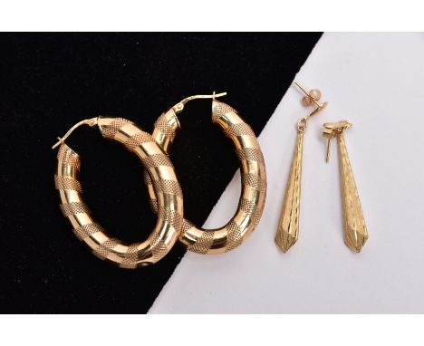 TWO PAIRS OF EARRINGS, the first a pair of elongated hoops with diagonal engine turned pattern, 9ct import mark, the second p