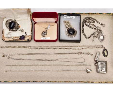 A BOX OF ASSORTED SILVER AND WHITE METAL JEWELLERY, to include a silver vest of a rounded rectangular form, engraved foliate 