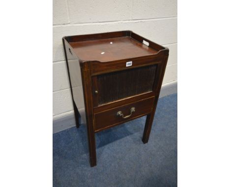 A GEORGIAN MAHOGANY AND BOX STRUNG INLAID TRAY TOP COMMODE, with a horizontal tambour front door, above a single drawer, widt