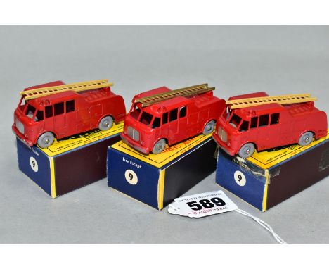 THREE BOXED MATCHBOX 1-75 SERIES A.E.C. MERRYWEATHER MARQUIS FIRE ENGINES, No.9, all with tan ladder, grey plastic wheels and