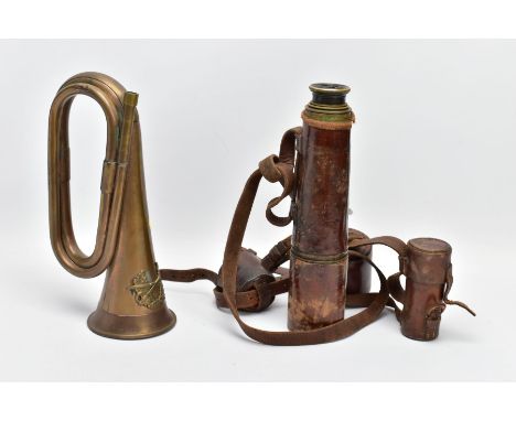 A MILITARY STYLE BUGLE, no mouthpiece wreath &amp; crossed swords design applied, together with an Ottway &amp; Co extending 