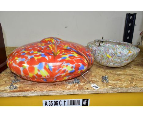 TWO OPAQUE AND MULTICOLOURED CEILING LIGHT SHADES, diameter largest approximately 42cm total width, the other 29cm overall an