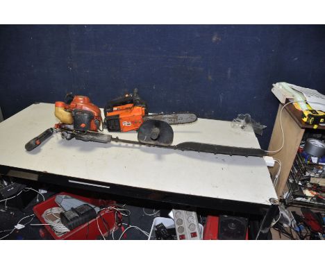 A VINTAGE OLEO-MAC PETROL CHAINSAW with 10in cut and a petrol hedge trimmer with 29in cut (need attention) (both engines pull