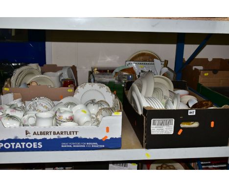 SIX BOXES OF MIXED CERAMICS AND HOUSEHOLD ITEMS to include Beswick  three tier 'Ballet' cake stand, boxed mugs, coasters, can
