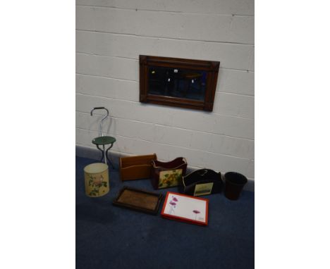 AN EARLY TO MID 20TH CENTURY OAK BEVELLED EDGE WALL MIRROR, 80cm x 50cm, along with various miscellaneous, to include three m