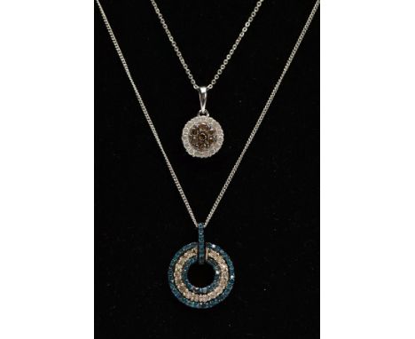 TWO DIAMOND SET PENDANTS, the first of circular outline set with a central line of single cut diamonds, with a border to each