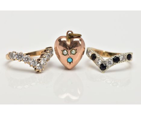 TWO 9CT GOLD GEM SET DRESS RINGS AND A YELLOW METAL HEART LOCKET PENDANT, the first ring of a V-shape set with circular cut b