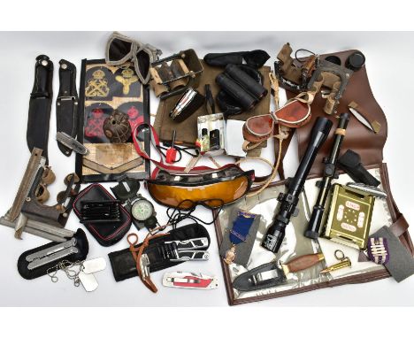 A LARGE BOX CONTAINING MISCELLANEOUS MILITARY ITEMS including inert rounds, clips, mags, goggles, tools, civic medals, inert 