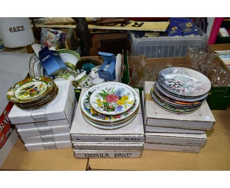 TWO BOXES AND LOOSE CERAMICS AND GLASSWARE to include twenty three collectors plates, themes include birds, flowers etc, with