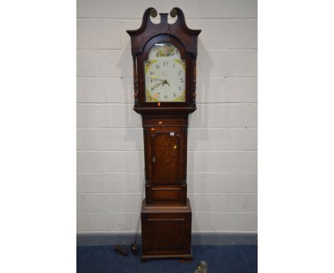 A GEORGE III OAK, CROSSBANDED AND INLAID 30 HOUR LONGCASE CLOCK, the hood with a swan neck pediment, pillars flanking a glaze