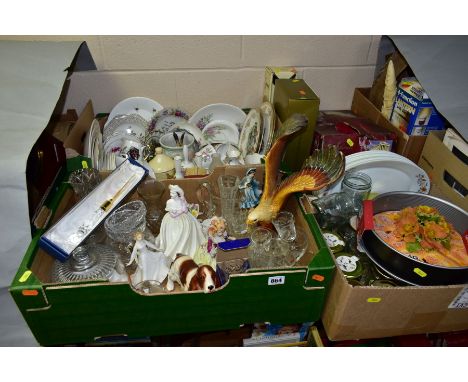 THREE BOXES AND LOOSE CERAMICS, GLASS, KITCHENWARES, JCB PRESENTATION ITEMS etc to include a Coalport 'Ladies of Fashion' fig