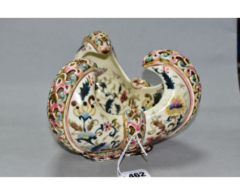 A ZSOLNAY PECS BOWL OF TRIFORM, pierced scrolls and painted with foliate scrolls, printed factory marks to the base, height 1