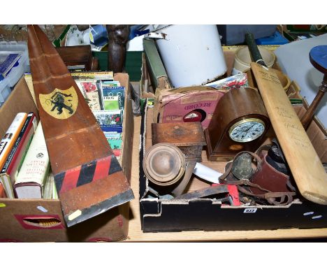 FOUR BOXES AND LOOSE BOOKS AND VINTAGE ITEMS, to include plaster figure of a male nude, height approximately 60cm, large wood