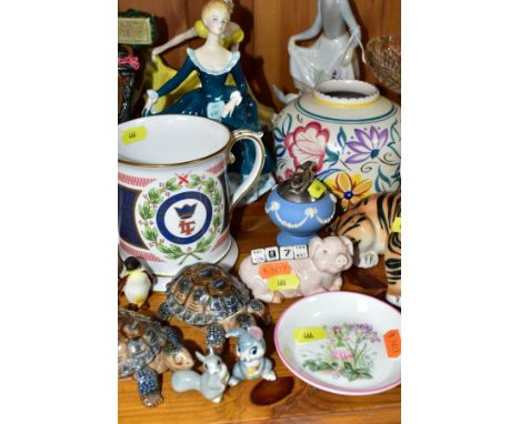 SIXTEEN CERAMICS ITEMS, to include Pendelfin rabbit 'Birdie' (no.1040552), height 10cm, Lomonosov tiger (repair and chip to e