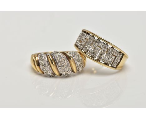 TWO 9CT GOLD DIAMOND SET RINGS, the first a tapered wide band ring with diamond set Greek key pattern to the front half, esti