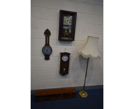 A CHAUNCEY JEROME CLOCK COMPANY AMERICAN OGEE SHELF CLOCK, along with a Vienna wall clock, oak aneroid barometer, mahogany ba