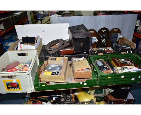 SIX TRAYS CONTAINING VINTAGE CAMERAS AND EQUIPMENT mostly for restoration, film cameras include a Rolleiflex 1 original TLR, 