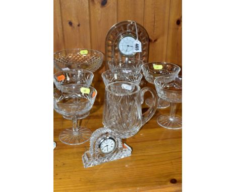 TEN WATERFORD CRYSTAL ITEMS, comprising 'Cascade' mantle clock, approximately 21cm x 14cm, 'Lismore' clock, approximately 6.5