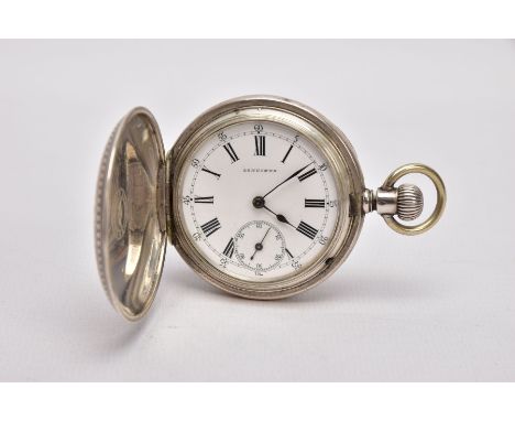 A LONGINES FULL HUNTER POCKET WATCH, round white dial signed 'Longines', Roman numerals, outer minutes dial, seconds subsidia