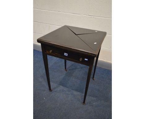 AN LATE 19TH CENTURY STAINED MAHOGANY ENVELOPE CARD TABLE, with a single drawer, on square tapered legs and brass casters, 56