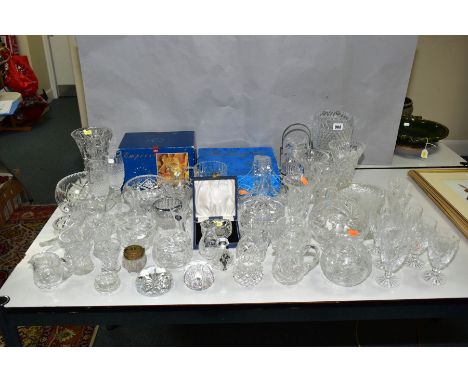 A COLLECTION OF CUT GLASS, CRYSTAL VASES AND BOWLS, etc by makers including Waterford, Stuart and Webb Corbett, also includes