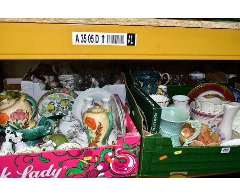 FOUR BOXES OF CERAMICS AND GLASS to include Sadler gold lustre striped tea pot (some wear to gilding), Arthur Wood 'Carnation