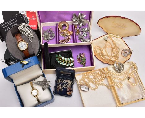A BOX OF ASSORTED SILVER AND COSTUME JEWELLERY AND TWO WRISTWATCHES,  to include a silver oval locket engraved to the front w
