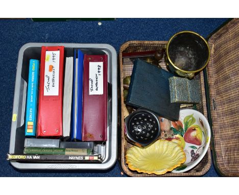 VINTAGE SUITCASE AND ONE BOX OF BOOKS, MAGAZINES, CERAMICS, METALWARE, ETC, to include a green vintage suitcase 54cm x 16cm x