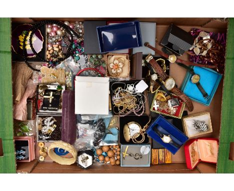 A BOX OF MOSTLY COSTUME JEWELLERY, to include a yellow and white metal cluster ring set with green and colourless paste, stam