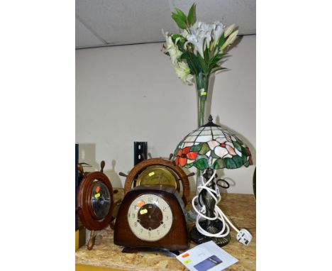 FIVE ITEMS - A LAMP, VASE, MANTEL CLOCK AND TWO BAROMETERS, glass vase approximate height 71cm with artificial lilies (sd), t