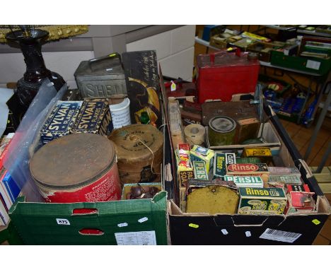 TWO BOXES AND LOOSE VINTAGE PACKAGING AND ADVERTISING, to include three petrol cans (one Shell, one BP can), Britvic chalkwar