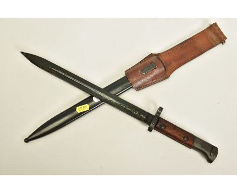 A LATE WWII/POST CZECH MADE RIFLE BAYONET, blade is stamped CSZ-R, E3-46 on scabbard with leather frog in brown leather