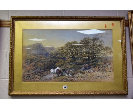 PETER DEAKIN (1830-1899) a rugged hillside landscape with a male figure with horses and dog, signed lower left, watercolour o