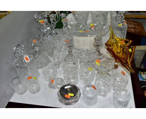 APPROXIMATELY THIRTY PIECES OF GLASSWARES, to include an elongated oval amber Murano bowl, Villeroy &amp; Boch candelabra and