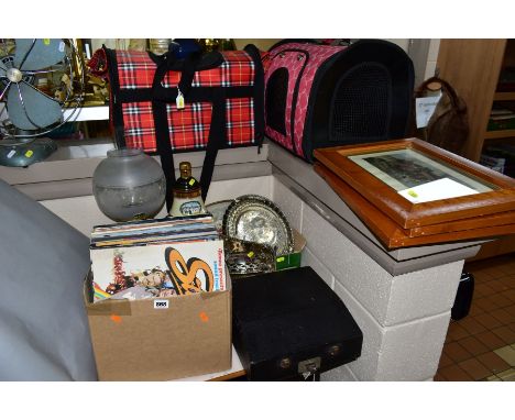 TWO BOXES AND LOOSE LPS, METAL WARES, PICTURES, ETC, to include an oil lamp with shade and chimney, ceramic base with partial