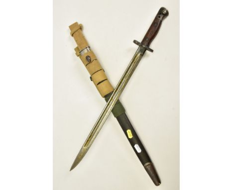 A BRITISH  SMLE WWII ERA RIFLE BAYONET with scabbard and three canvas frogs attached, two x sand and green, 1907 pattern on b