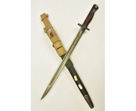 A BRITISH  SMLE WWII ERA RIFLE BAYONET with scabbard and three canvas frogs attached, two x sand and green, 1907 pattern on b